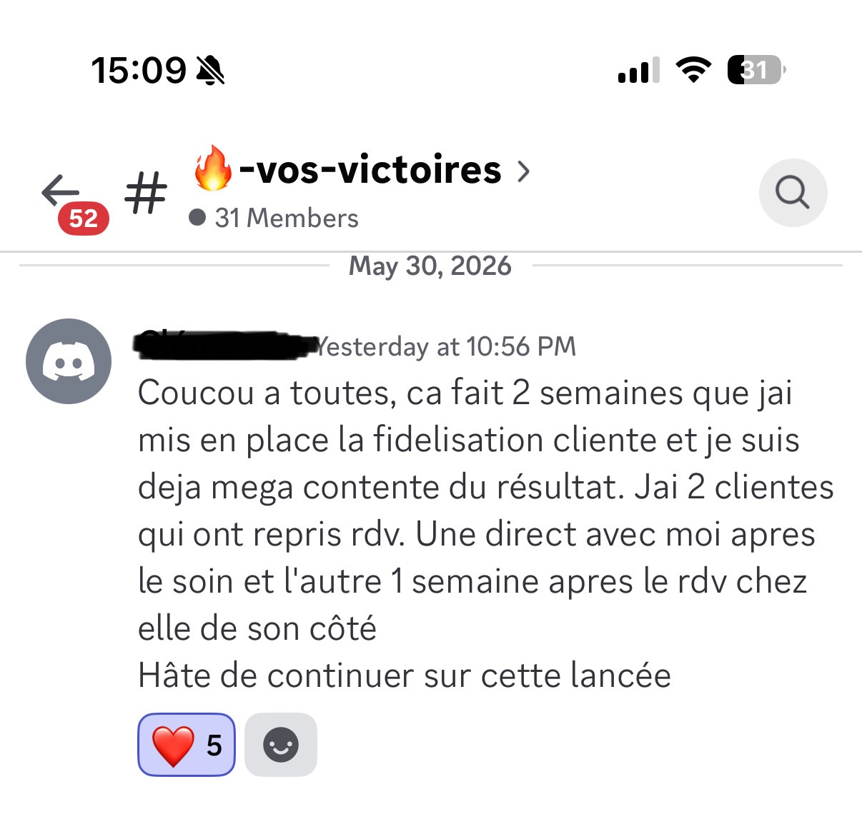 Témoignage d’une élève : « 2 semaines que j’ai mis en place la fidélisation cliente, déjà méga contente, 2 clientes ont repris rendez-vous. »