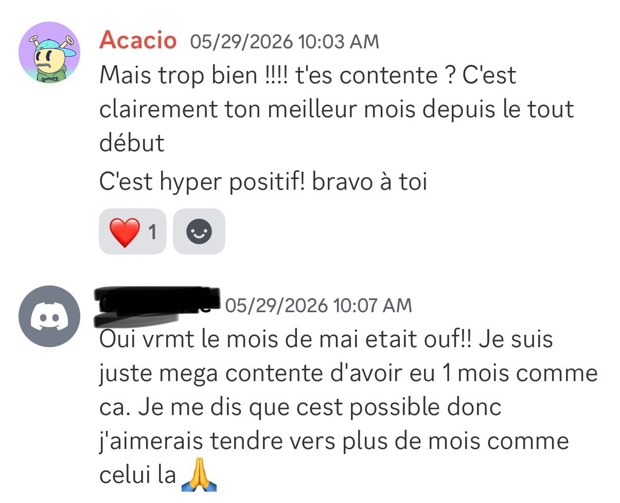 Échange avec une élève : « le mois de mai était ouf, je suis méga contente d’avoir eu un mois comme ça » — son meilleur mois depuis le début.