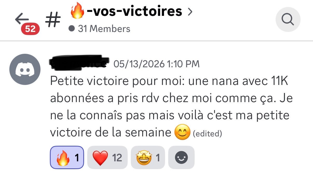 Témoignage d’une élève : « Une nana avec 11K abonnées a pris rendez-vous chez moi. Ma petite victoire de la semaine. »