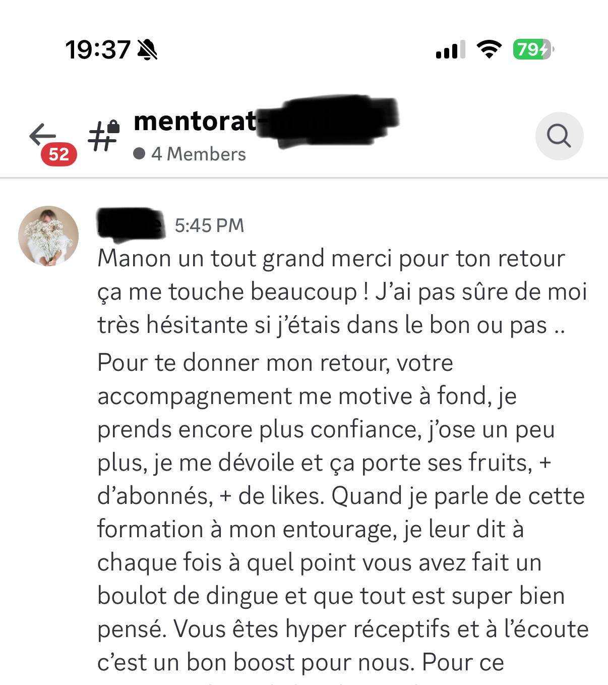 Témoignage d’une élève : « Votre accompagnement me motive à fond, je prends confiance, j’ose plus, je me dévoile et ça porte ses fruits — plus d’abonnés, plus de likes. Vous avez fait un boulot de dingue. »